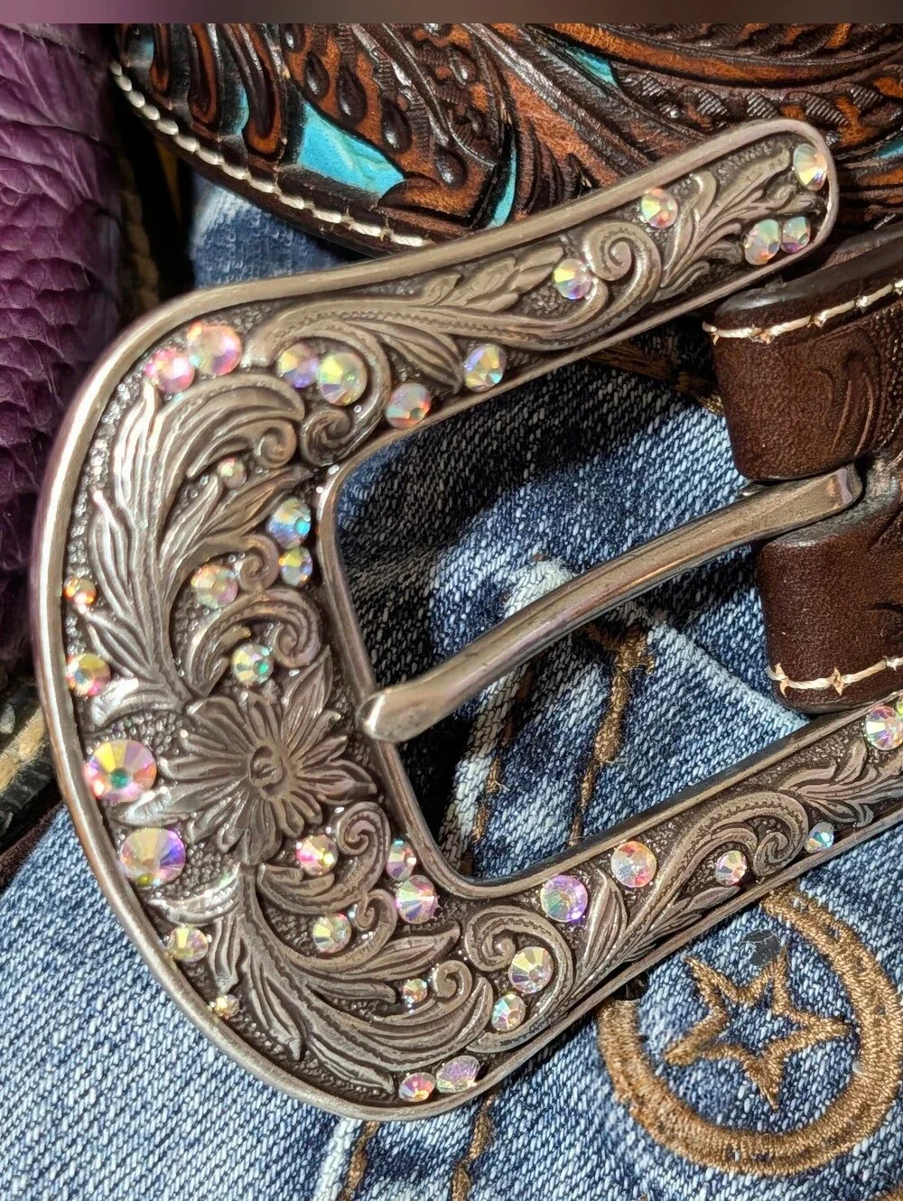 Ariat Jocelyn Genuine Tooled Brown and Turquoise Leather Belt With Bling Buckle